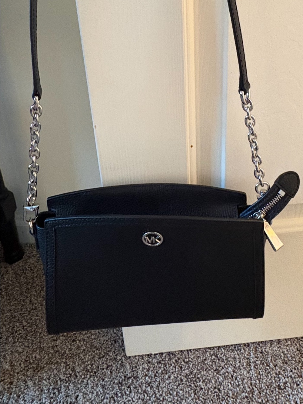Michael Kors Chantal East/West Black Leather Crossbody Bag with Chain Strap